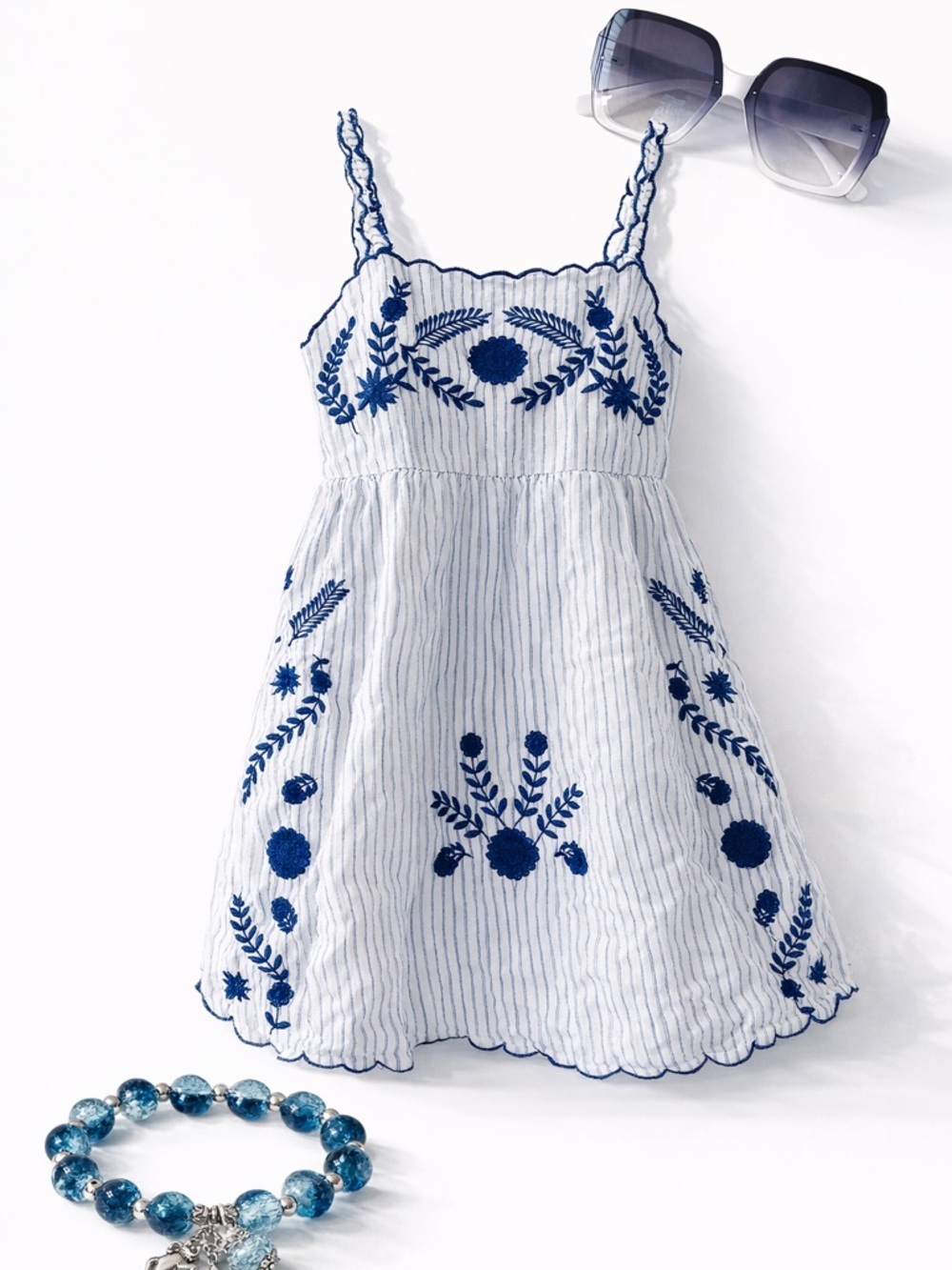 ZARA Girls Blue Embroidered Dress Set w/ Sunglasses Bracelet 8Y